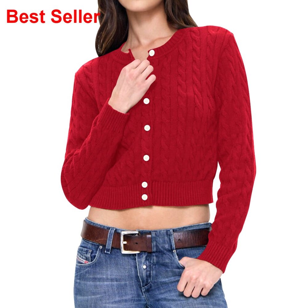 Cable Knit Cropped Cardigan Long Sleeve Crew Neck Button Down Sweater